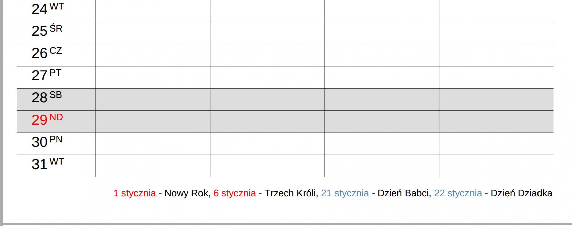 Dodatkowo, pod każdą tabelą "Plany" znajduje się lista wydarzeń/świąt, które warto mieć na uwadze planując swój miesiąc. Dodatkowo, pod każdą tabelą "Plany" znajduje się lista wydarzeń/świąt, które warto mieć na uwadze planując swój miesiąc.